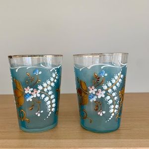 Enameled Art Glasses Hand Painted  Set of 2 Vintage